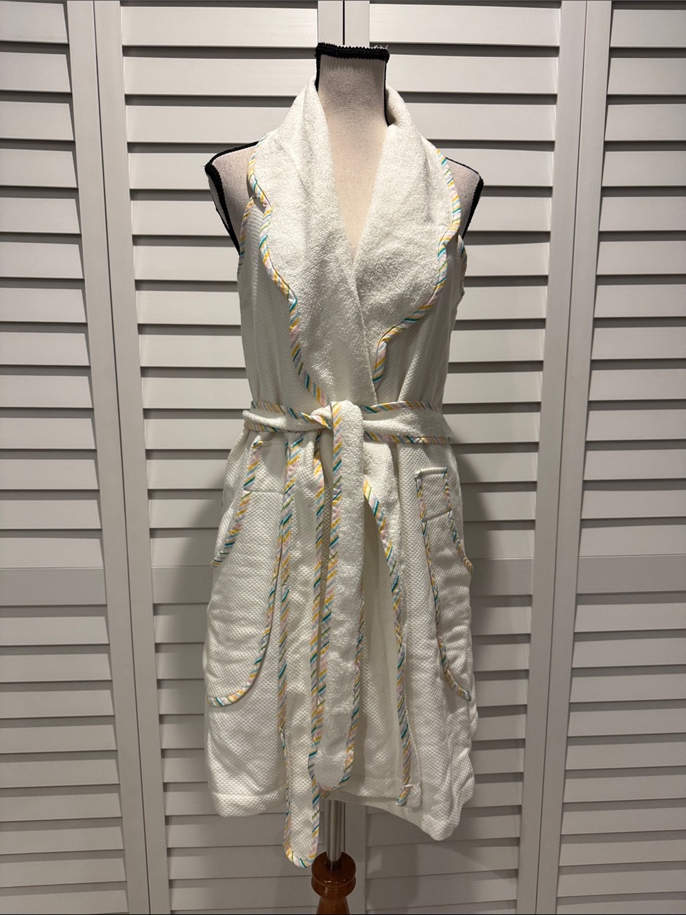 Soft Surroundings White Sleeveless Terry Wrap Dress with Pastel Trim.